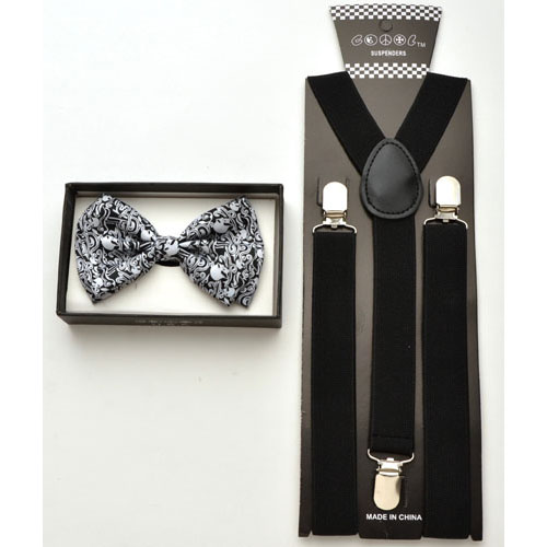 Black Bow tie with white skull prints and black suspenders . - Click Image to Close