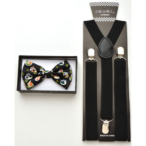 Black Bow tie with multi hued skulls and black suspenders . - Click Image to Close