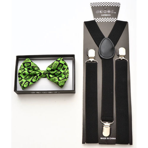 Green Bow tie with skull and spider print and black suspenders - Click Image to Close