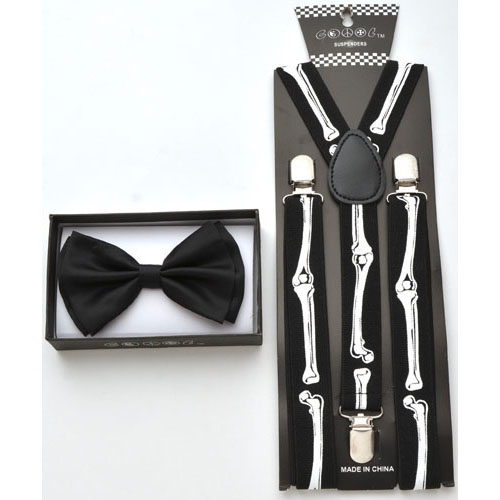 Black Bow tie and black suspenders with bones print. - Click Image to Close