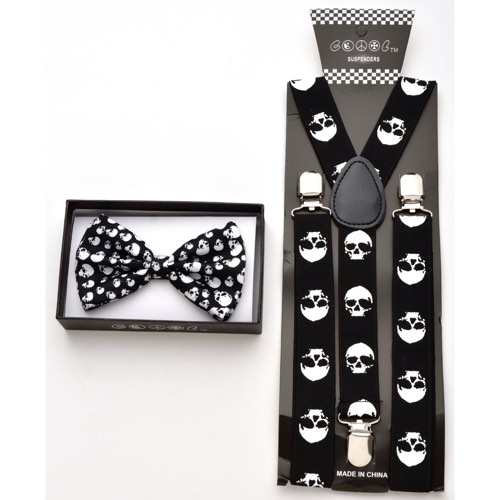 Black Bow tie with white skull prints and black suspenders wit - Click Image to Close