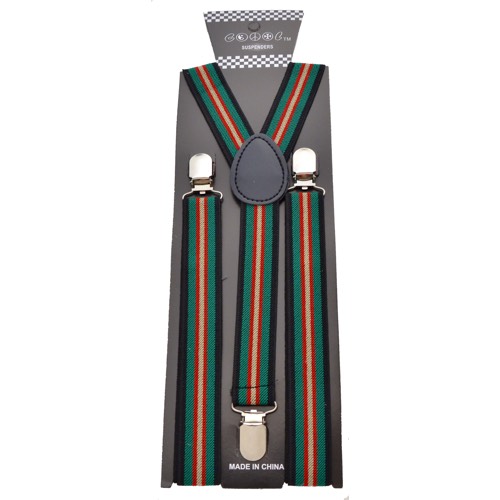 SP-15# Black Suspenders with green , red, tan stripes - Click Image to Close