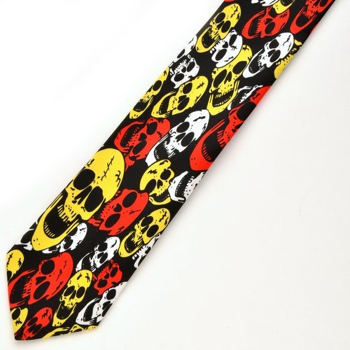 TI-028B Black tie with red, yellow and white skulls pattern. - Click Image to Close