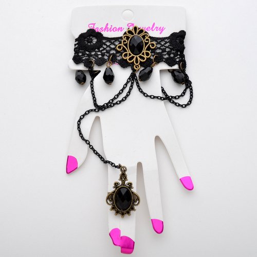 LWB-01 Black Lace wristband with black plastic gemstones - Click Image to Close