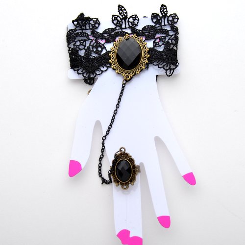LWB-02 Black Lace wristband with black plastic gemstones - Click Image to Close