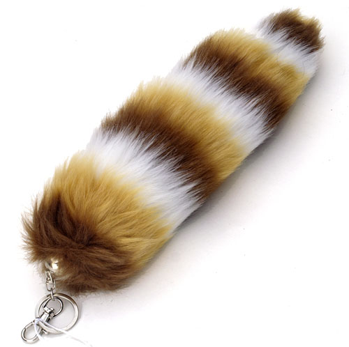 YWk14M 3 tone white/brown/dark brown faux raccoon tail keychain - Click Image to Close