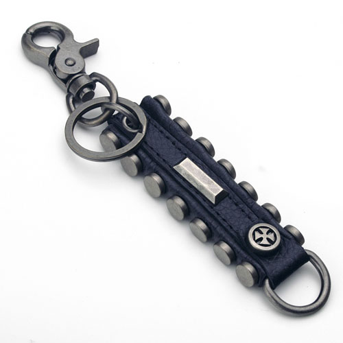 YOK-30 Leather key chain w/studded side design and iron cross. - Click Image to Close