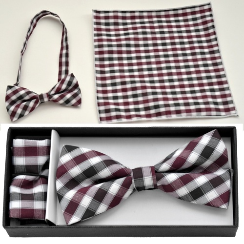 BO-BTCH001 Black, burgundy and white plaid print bow tie with ma - Click Image to Close