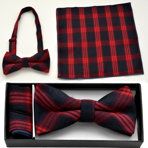 BO-BTCH002 Black and red plaid print bow tie with matching handk - Click Image to Close