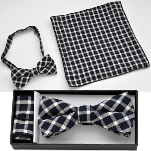 BO-BTCH003 Black and white plaid print bow tie with matching han - Click Image to Close