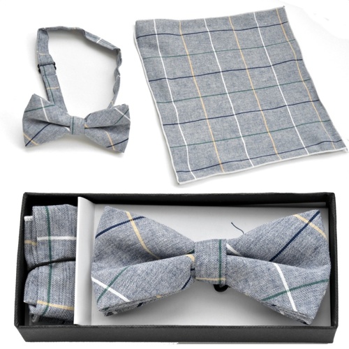 BO-BTCH004 Gray, tan, white, green and black plaid print bow tie - Click Image to Close