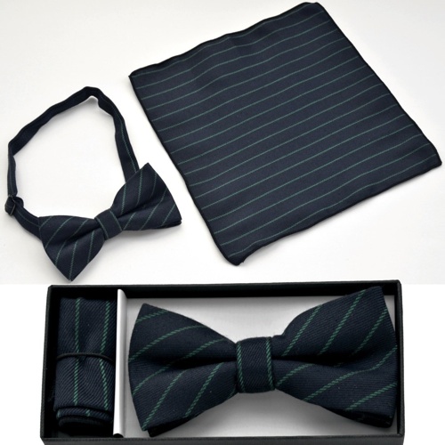 BO-BTCH005 Navy blue and green striped print bow tie with matchi - Click Image to Close