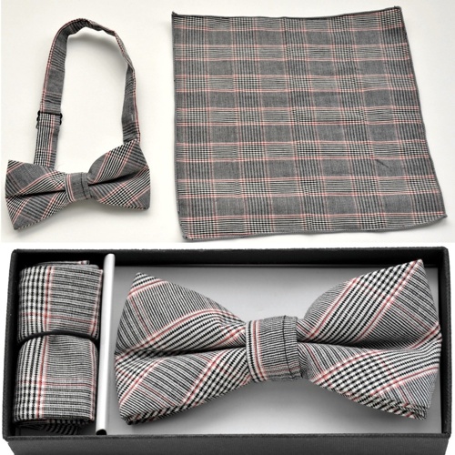 BO-BTCH009 Black, white and red plaid print bow tie with matchin - Click Image to Close
